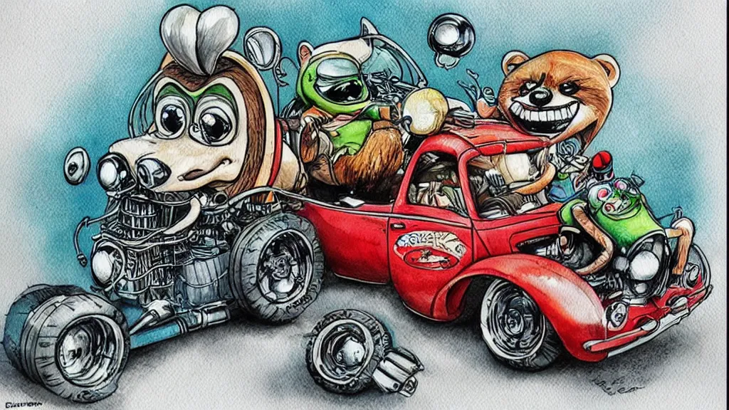 Image similar to cute and funny, racoon riding in a tiny hot rod coupe with oversized engine, ratfink style by ed roth, centered award winning watercolor pen illustration, by chihiro iwasaki, edited by range murata