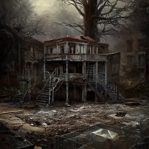 Image similar to michal karcz painting of an abandoned playground. , horror theme, detailed, elegant, intricate, 4k,