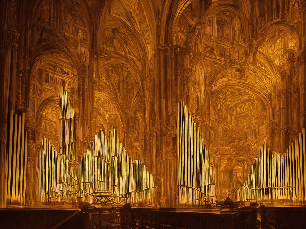 Image similar to hyper realistic photo of a million pipe organ interior volumetric lights designed by alan lee and caravaggio