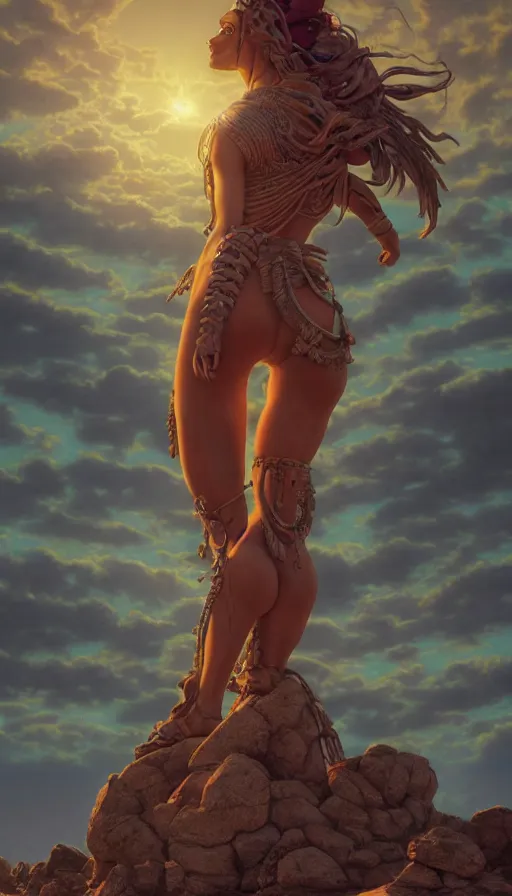 Image similar to giant stone monuments, statues across the desert, neon, tribal, goddess, academic action pose, fibonacci, sweat drops, insane, pinup, intricate, highly detailed, digital painting, artstation, concept art, smooth, sharp focus, illustration, Unreal Engine 5, 8K, art by artgerm and greg rutkowski and alphonse mucha