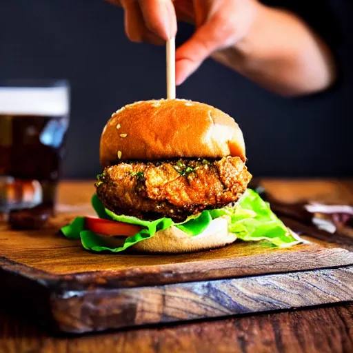 Image similar to a spicy crispy chicken burger, food photography, detailed, yum