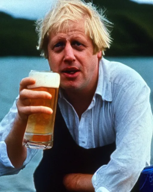 Image similar to film still close - up shot of boris johnson drinking a beer on the beach from the movie monty python's the meaning of life. photographic, photography