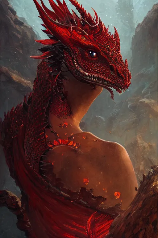 Image similar to a fancy portrait of an attractive dragon women with red dragon scales by Greg Rutkowski, Sung Choi, Mitchell Mohrhauser, Maciej Kuciara, Johnson Ting, Maxim Verehin, Peter Konig, final fantasy , mythical, 8k photorealistic, cinematic lighting, HD, high details, atmospheric,