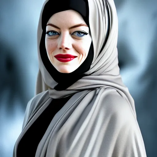 Prompt: A portrait of Emma Stone wearing Black Arabian Abaya, high quality, fully detailed, 4k, volumetric lightening