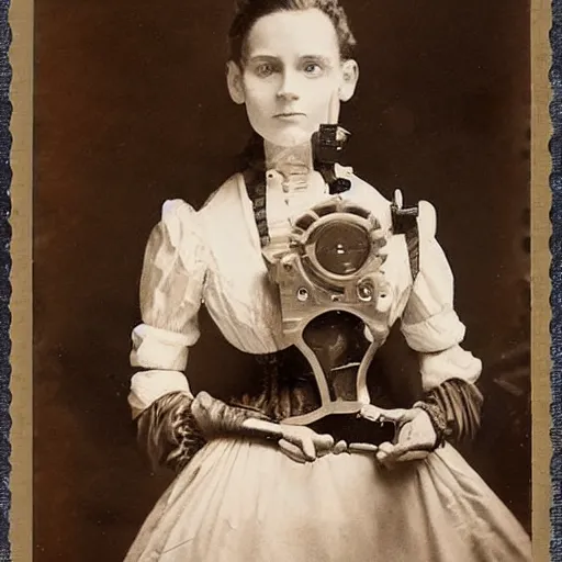 Image similar to portrait of a life size victorian female clockwork robot standing in with a human child in her care, 8 k, soft lighting, highly detailed realistic, face in focus polaroid photography