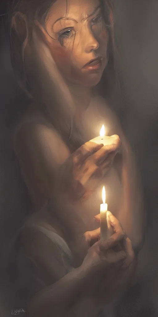 Image similar to Lupe Fuentesl close to a candle in dark room, prison, dramatic light, highly detailed, digital painting, artstation, concept art