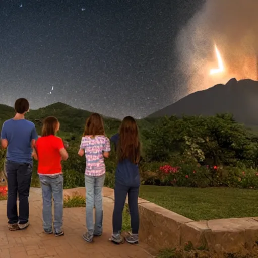 Prompt: A family on their front porch watching the explosive impact of a meteorite into the distant mountains. Comet, Meteor, apocalypse, shockwave, total and absolute destruction