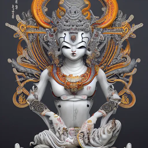 Image similar to naraka buddhist demon korean female, highly detailed, symmetrical long head, smooth marble surfaces, detailed ink illustration, raiden metal gear, cinematic smooth stone, deep aesthetic, concept art, post process, 4 k, carved marble texture and silk cloth, latex skin, highly ornate intricate details, in the style of 8 8 grzes