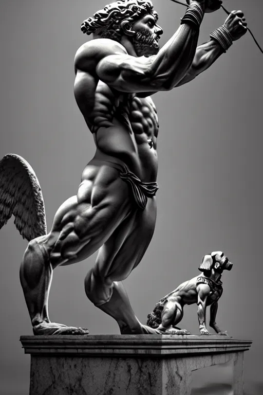 Image similar to dog as a greek god, greek statue, gorgeous, amazing, muscular, fit, very muscular male body, very detailed face, detailed features, fantasy, circuitry, explosion, dramatic, intricate, elegant, highly detailed, digital painting, artstation, concept art, smooth, sharp focus, illustration, art by gustave dore, octane render