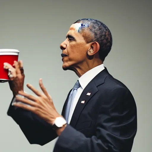 Image similar to blurry still of obama pouring lean in a doublecup, film grain, realistic face, insane detail