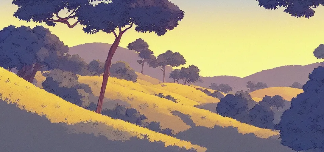Image similar to hill and countryside during golden hour by studio ghibli, peaceful, serene, blissful, golden hour