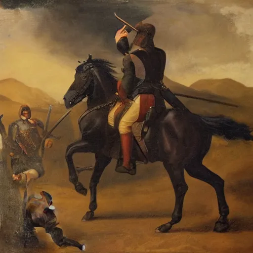 Prompt: large portrait oil on canvas of a man mounted on horseback black while raising a sword with his right hand pointed north, behind him in the vast distance 1 0 0 0 0 warriors can be seen fighting with swords and muskets, low light, cloudy, mountains in the foggy background,