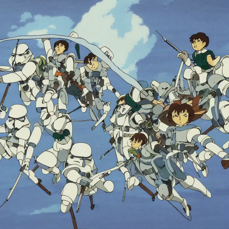 Image similar to 1 9 9 0 studio ghibli animation cel still from nausicaa of the valley of the wind of army of storm troopers