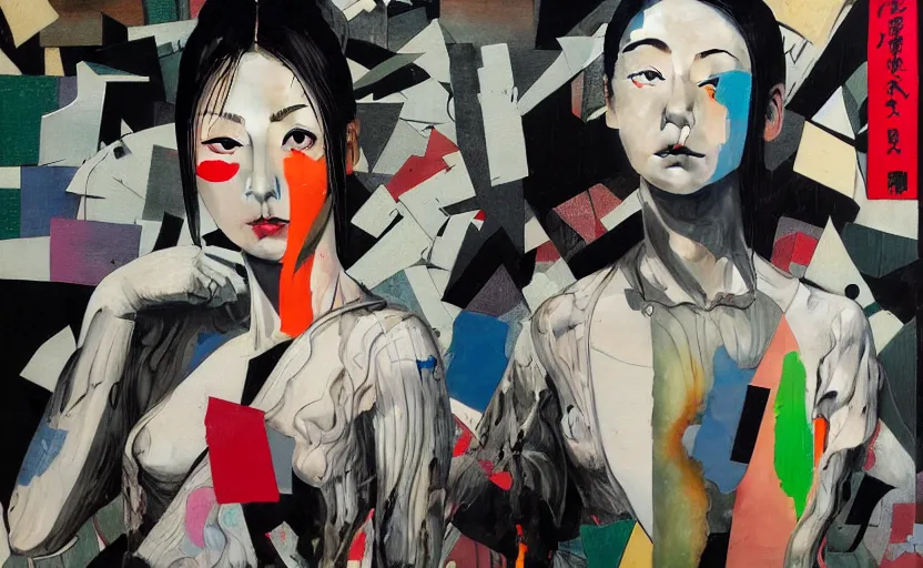 Image similar to decollage painting young japanese actress struggling in a ruined city by adrian ghenie and takato yamamoto and edward hopper and mark ryden and tsutomu nihei, part by bridget riley, acrylic pour and splashing paint, very coherent, baroque elements, perfect anatomy, intricate design. pop art.