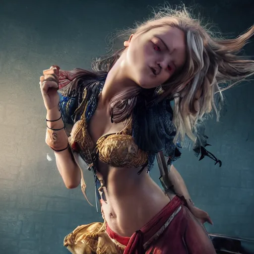 Image similar to full body pose, hyperrealistic photograph of a drunk pirate woman, dim volumetric lighting, 8 k, octane beautifully detailed render, extremely hyper detailed, intricate, epic composition, cinematic lighting, masterpiece, trending on artstation, very very detailed, stunning, hdr, smooth, sharp focus, high resolution, award, winning photo, dslr, 5 0 mm