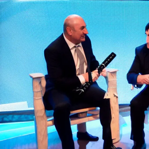 Image similar to Jedi Kevin O'Leary cutting Mark Cuban flesh with a lightsaber, in Shark Tank (2016)