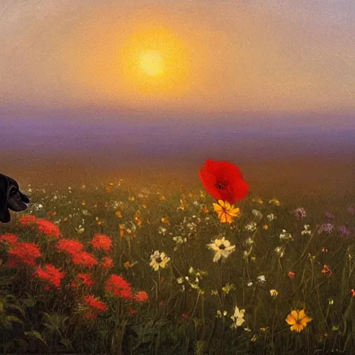 Image similar to mild, calm very tiny black Dachshund sleeping inside the flower on the sunrise, misty field, painting by Perov,