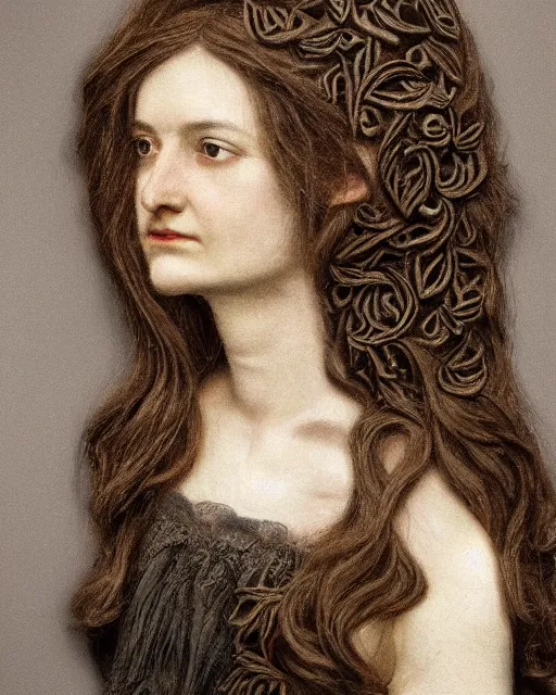 Prompt: a woman's face in profile, long hair made of intricate decorative ivy, in the style of the dutch masters and gregory crewdson, dark and moody