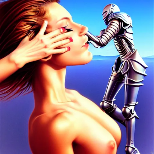 Prompt: beautiful woman kissing a knight, confident pose, blue sky, art by peter lloyd 1 9 8 0, airbrush style, art by hajime sorayama,, intricate, elegant, sharp focus, illustration, highly detailed, concept art, matte, sharp focus, illustration, highly detailed, concept art, h 6 4 0