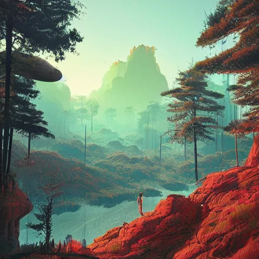 Image similar to digital artwork of a lush natural scene on an alien planet by simon stalenhag. extremely detailed. science fiction. beautiful landscape. weird vegetation. cliffs and water.