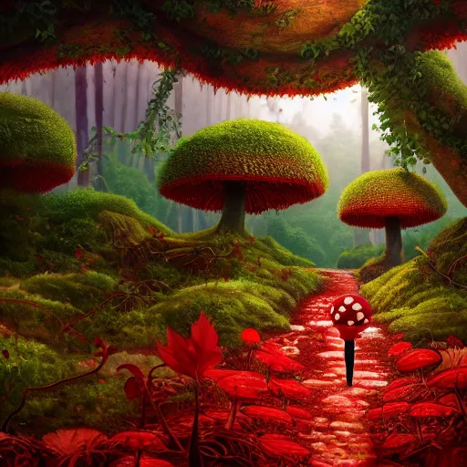 Image similar to a forest of giant red and white spotted mushroom, exotic foliage, Mario walking along path, piranha plants hanging from vines, artstation, matte painting, colorful, beautiful, cinematic lighting