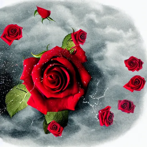 Prompt: a red rose disintegrates in a cloud of glass and clockwork, fantasy illustration