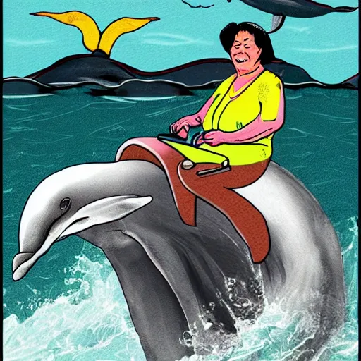 Prompt: photo of an old lady riding on the back of a dolphin through new york, digital art