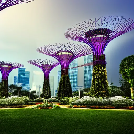 Image similar to garden by the bay attacked by robots, photorealistic, ultra - detailed, octane 4 k render, hdr shot