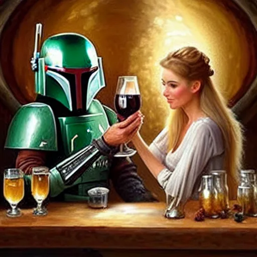 Image similar to Boba Fett and a beautiful young blonde drinking beer in a wine cellar, food, meat, schnapps, torches on the wall, romantic, inviting, cozy, painting by Vladimir Volegov