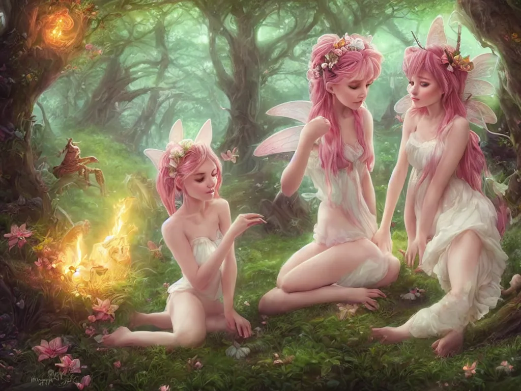 Image similar to two cute fairy in the dreamy forest, fantasy, dreamlike, 8 k resolution, hyper detailed, d & d, character design, digital painting, trending on artstation, sharp focus, illustration, art by artgerm, viktoria gavrilenko, hoang lap, fuji choko, steve zheng