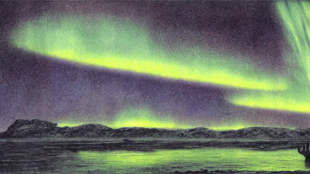 Prompt: the northern lights illustrated by alan lee