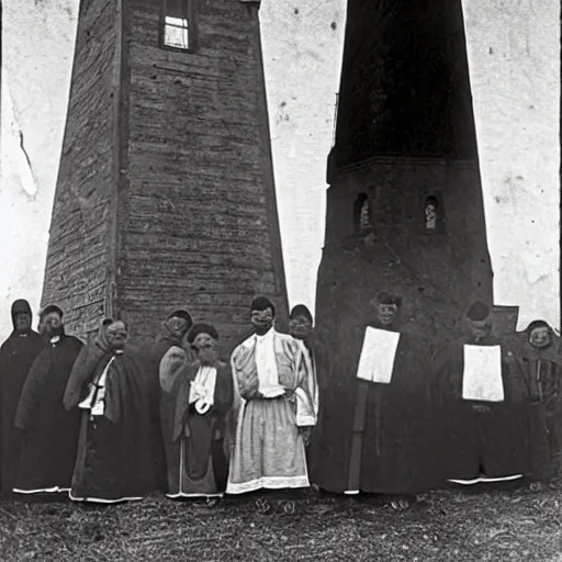 Image similar to worshippers dressed in robes and holding lanterns, belonging to the cult of the lighthouse. Dilapidated 1800s lighthouse. 1800s photo. Very detailed and clear image.