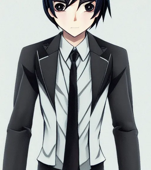 Image similar to a professional 8 5 mm portrait photograph of shuichi saihara from danganronpa, an 1 8 year old japanese man with gray eyes, long eyelashes, feminine features, black school uniform, and dark blue hair, emo, thin eyebrows, beautiful features, detective