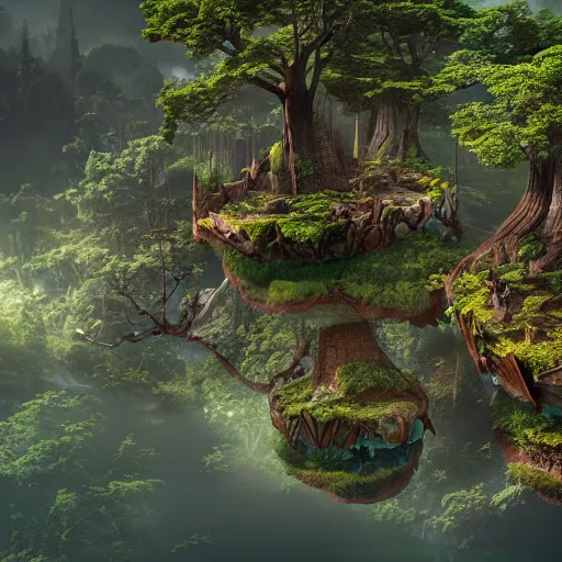 Prompt: floating islands above a forest river, fantasy, hyper detailed, futuristic, , cinematic atmosphere, arnold render, trending on artstation, cgsociety