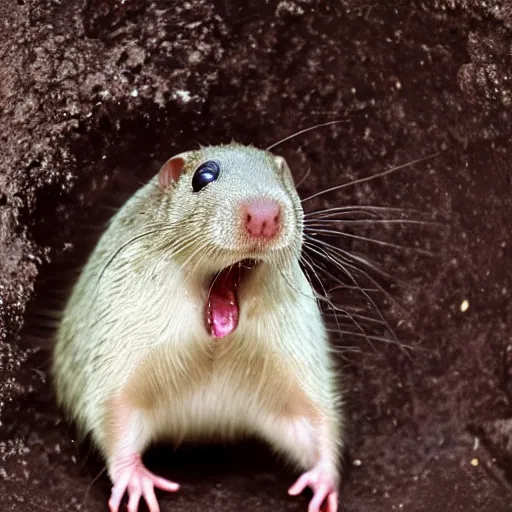Prompt: A mole rat singing for a death metal band, photography