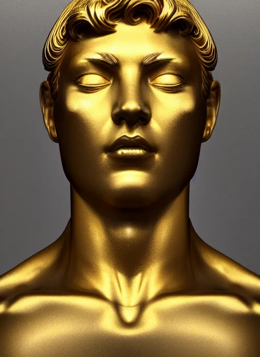 Image similar to stylized gold and black statue made of marble of hercules, perfect symmetrical body, perfect symmetrical face, hyper realistic, hyper detailed, by johannen voss, by michelangelo, octane render, blender, 8 k