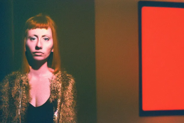 Prompt: backlit photograph of anxious young woman standing in front of tall black box radiating esoteric energy in suburban living room, crisp focus, highly detailed, in cindy sherman style, 3 5 mm ektachrome