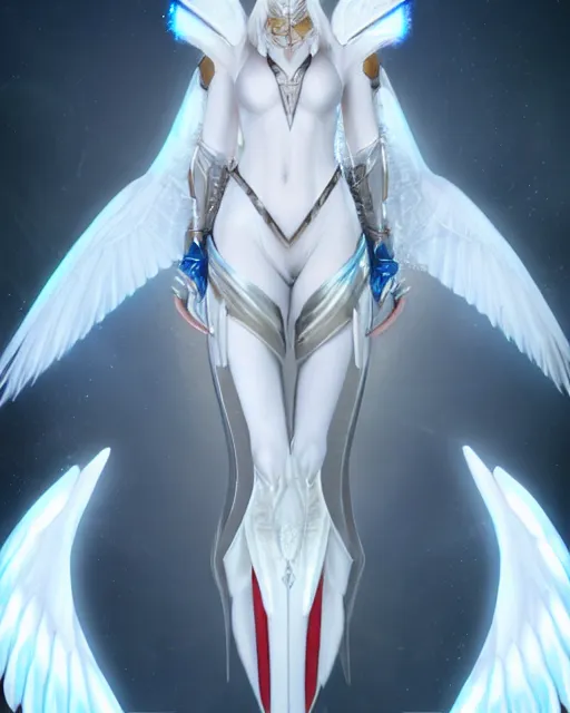 Image similar to perfect white haired attractive egyptian goddess with huge white dove wings, warframe armor, beautiful, symmetric, dreamy, half asian, pretty face, blue eyes, detailed, scifi platform, laboratory, experiment, 4 k, ultra realistic, epic lighting, android body, illuminated, cinematic, masterpiece, art by akihito tsukushi, voidstar