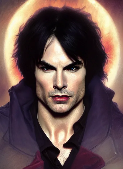 Image similar to portrait of ian somerhalder as a sultry vampire lord, damon salvatore, jewelry, greek, saphire, intricate, headshot, highly detailed, digital painting, artstation, concept art, sharp focus, cinematic lighting, illustration, art by artgerm and greg rutkowski, alphonse mucha, cgsociety