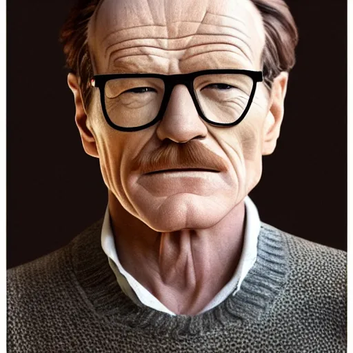 Image similar to A photograph of old Bryan Cranston in his eighties who looks like Bryan Cranston wearing a sweater in the 2010s, Bryan Cranston, taken in the late 2010s, taken on a 2010s Camera, realistic, hyperrealistic, very realistic, highly detailed, very detailed, extremely detailed, detailed, digital art, trending on artstation, headshot and bodyshot, detailed face, very detailed face