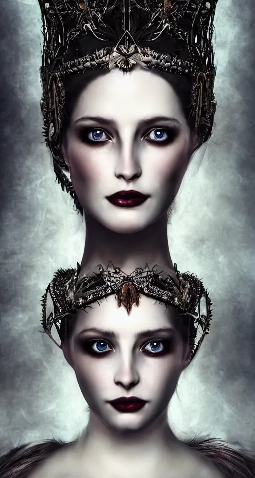 Prompt: a single faced portrait of the enchantress queen with a stunning timeless beauty, breathtaking eyes, perfect skin, feathered eyelashes, royal gothic dress with a lot of leather, heavy silent hill aesthetic, incredibly intricate, digital art, blender, houdini & photoshop, very elegant & complex, hyper-maximalist, overdetailed, epic cinematic quality, biblical art lighting, photorealistic, lifelike, OLED, DSLR HDR 8k, face is the focus, facial feature symmetry, hyper composed, created by Nixeu & z--ed from deviantart