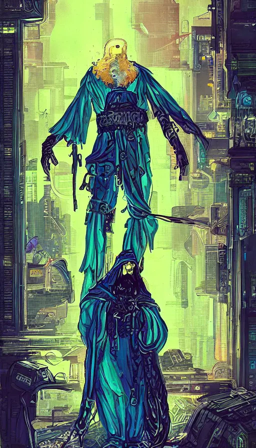 Image similar to a tarot card of the hermit, cyberpunk themed art, concept art