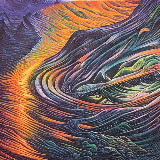 Image similar to water, fire, fog, surreal by dan mumford and umberto boccioni, oil on canvas