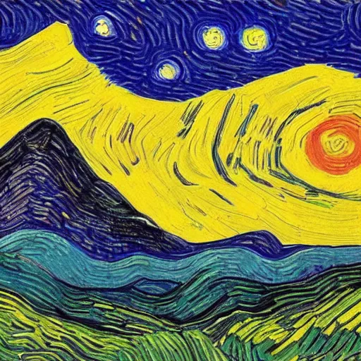 Image similar to Mountain Range in the style of Van Gogh and Chris van Dijk, 4k extreme detail, masterpiece of impressionism