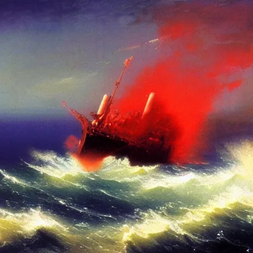 Image similar to bloody ocean, rusted iron ship sinking in red blood ocean, by Ivan Aivazovsky, junji ito, hd 8k