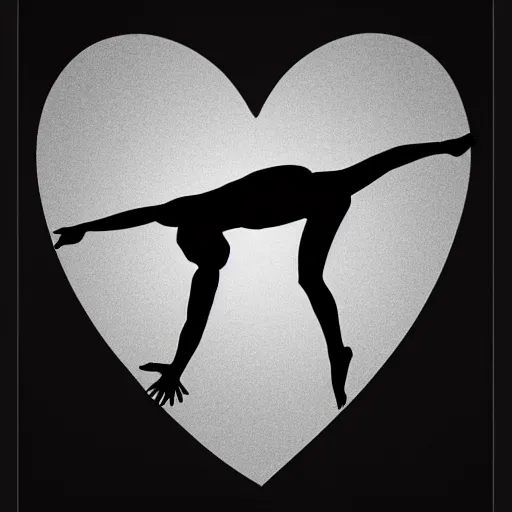 Prompt: clean black and white print on white paper, high contrast, logo of a symmetric heart with a stylized gymnast human dancer human silhouette inside