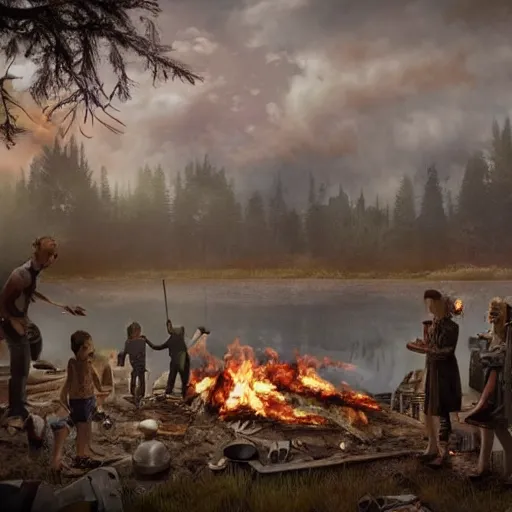 Prompt: realistic landscape of a post apocalyptic family, huddled around a small fire next to a lake, rule of thurds