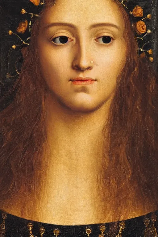 Prompt: hyperrealism extreme close-up portrait of medieval queen with long hair, wearing hight detail golden clothes with ornaments, black roses as background, in style of classicism