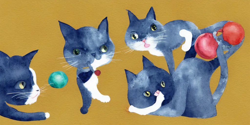 Image similar to watercolor illustration style, cute cats training in cat gym club