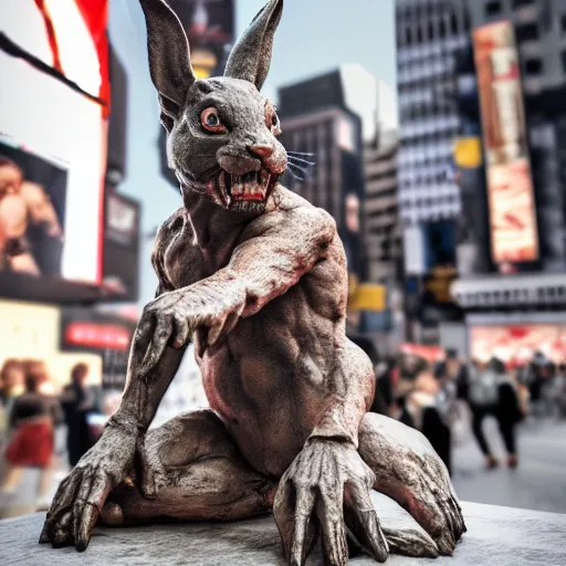 Image similar to a realistic renaissance sculpture of a very scary bunny with sharp teeth made by michelangelo, standing in times square, 3 d render, hyper detailed, sharp focus, 8 k resolution